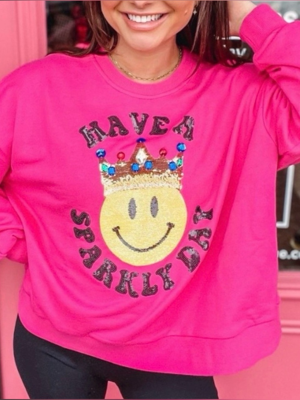 Queen of Sparkles Have A Sparkly Day Sweatshirt in Pink. Size XS